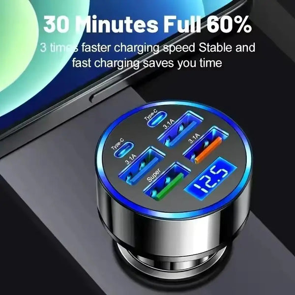 Chargeur auto USB-C 6 ports avec affichage numérique de la tension