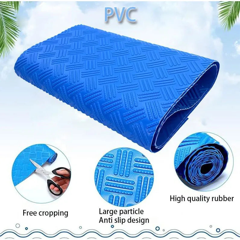 Blue PVC non-slip swimming pool ladder mat with a textured surface and free cropping feature