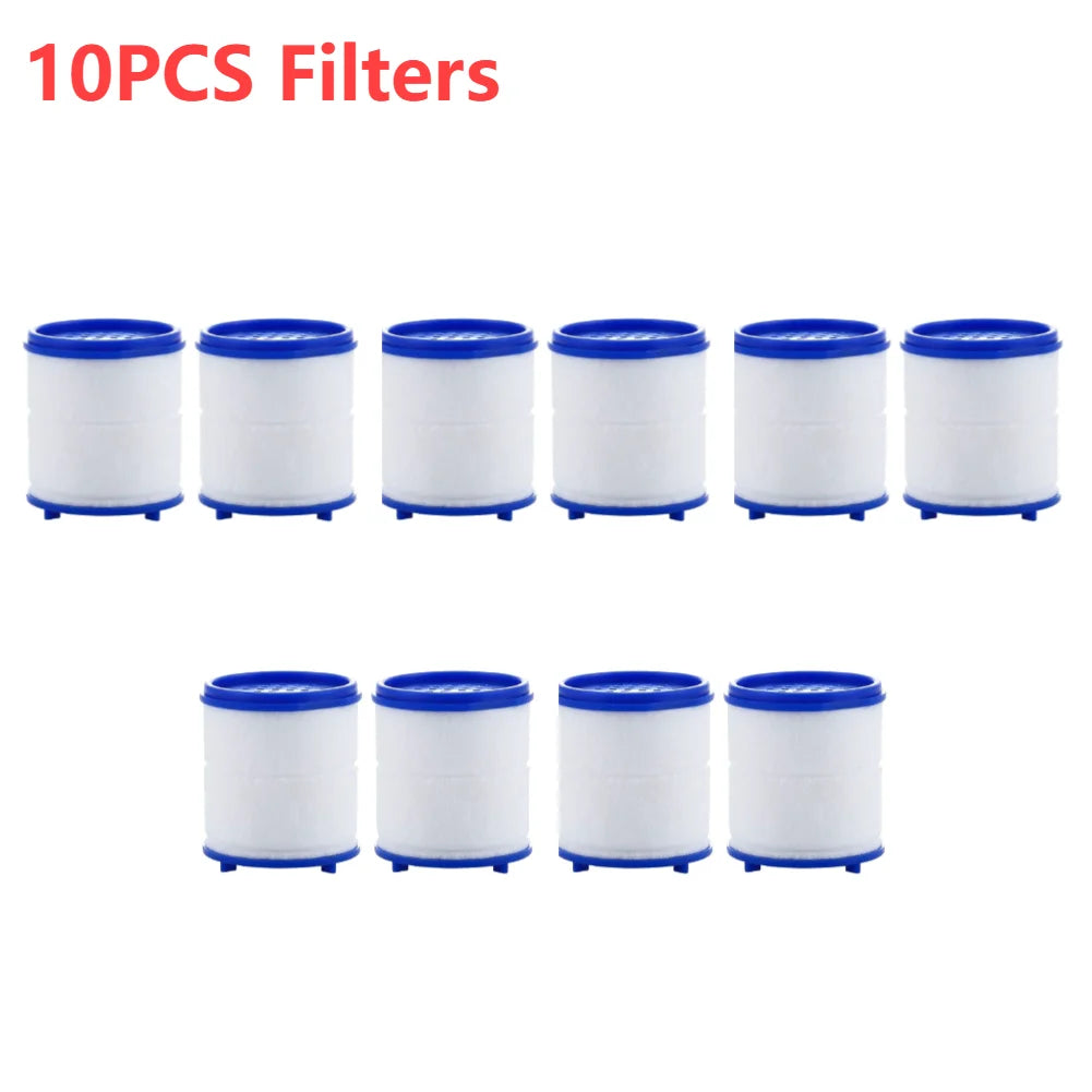 Ten individual white and blue filters for a faucet water purifier