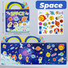 A set of reusable sticker books for toddlers featuring space themes and colorful stickers.