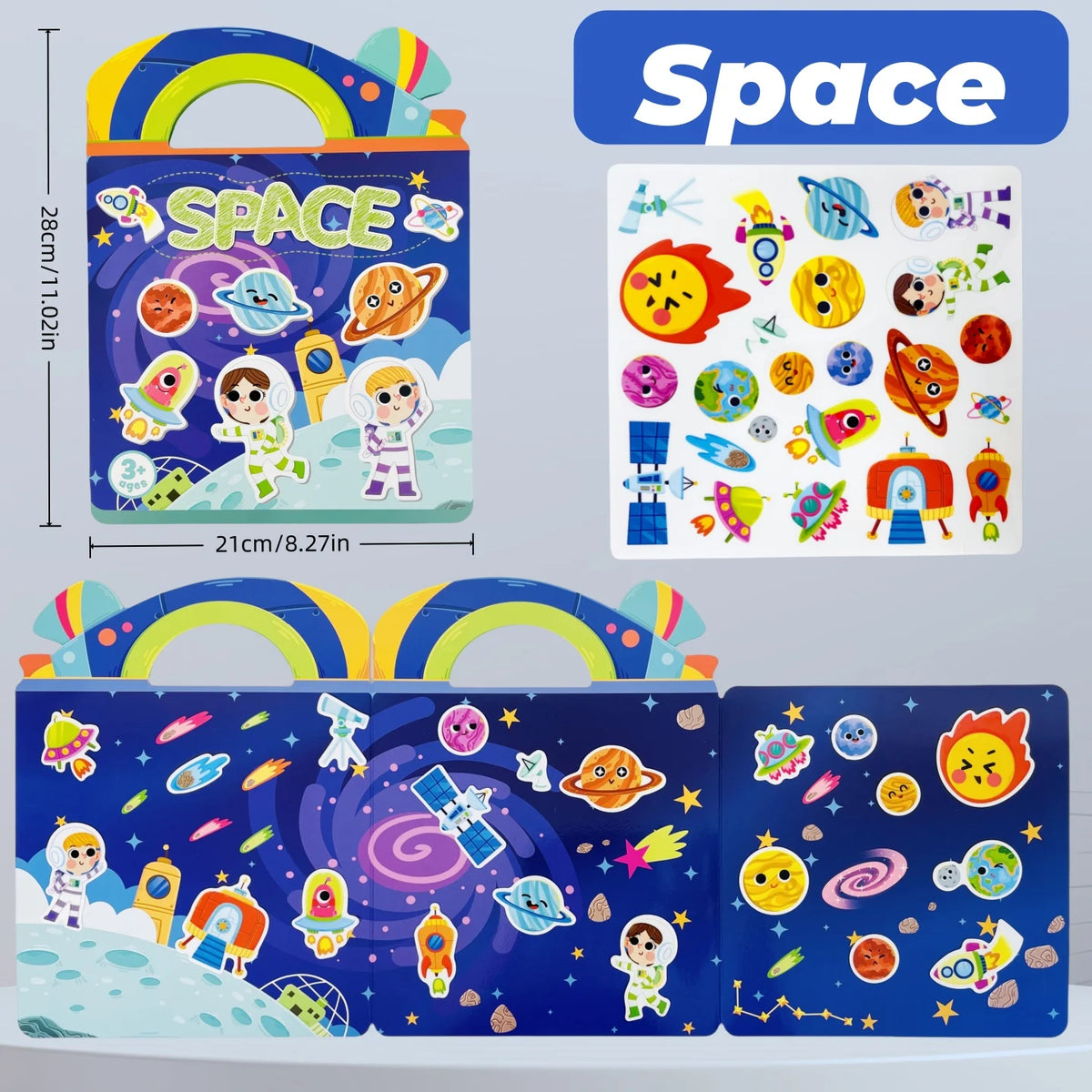 A set of reusable sticker books for toddlers featuring space themes and colorful stickers.