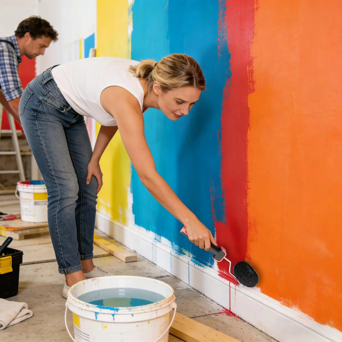 Eine Frau streicht eine Wand mit einem orangen Rollepinsel in einem farbenfrohen Raum.