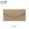 A tan khaki RFID-blocking PU leather wallet with a folded flap design.