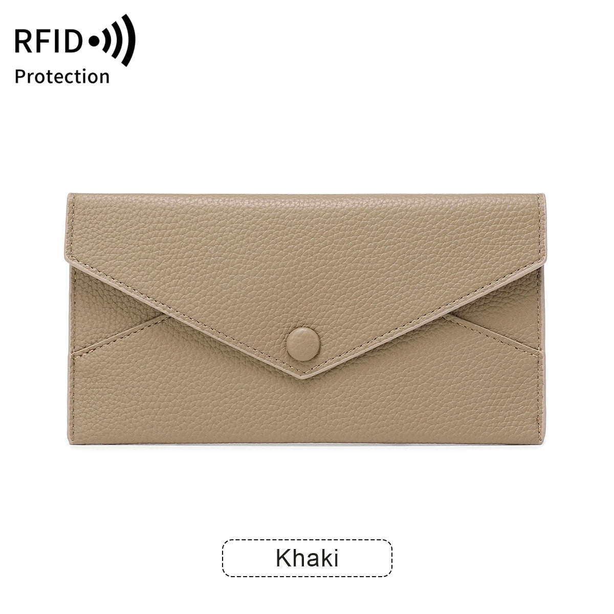 A tan khaki RFID-blocking PU leather wallet with a folded flap design.
