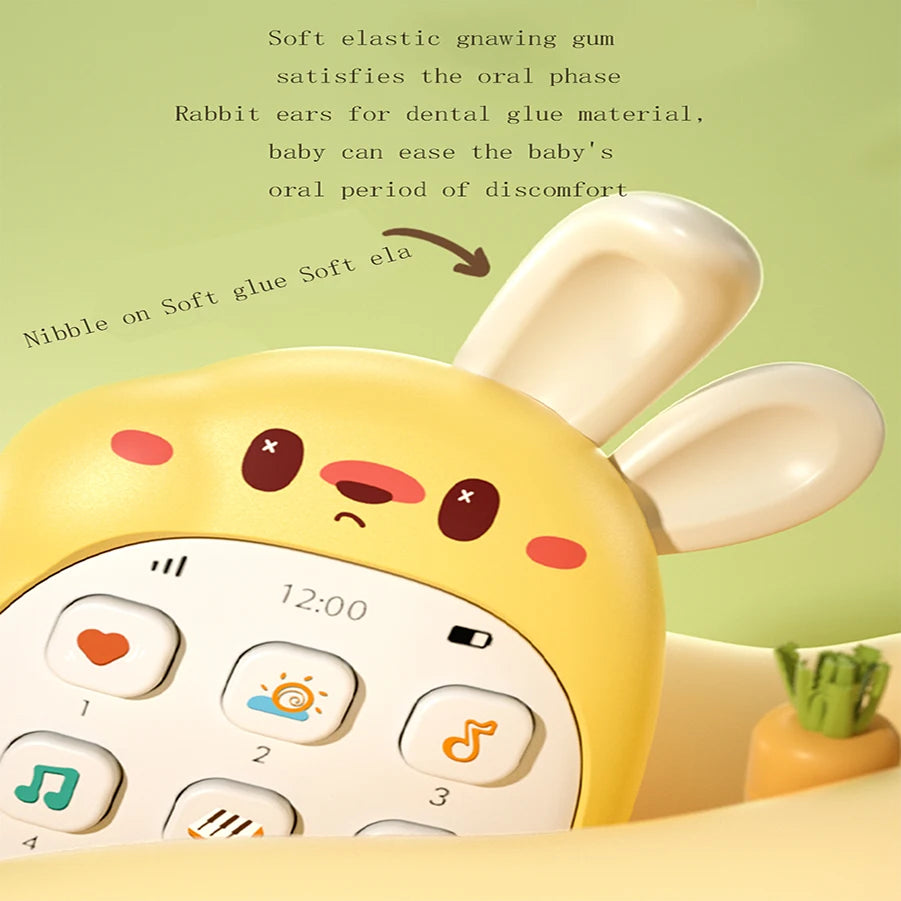 A yellow rabbit-shaped baby music phone toy with a teether is shown, demonstrating how soft elastic gnawing gum satisfies the