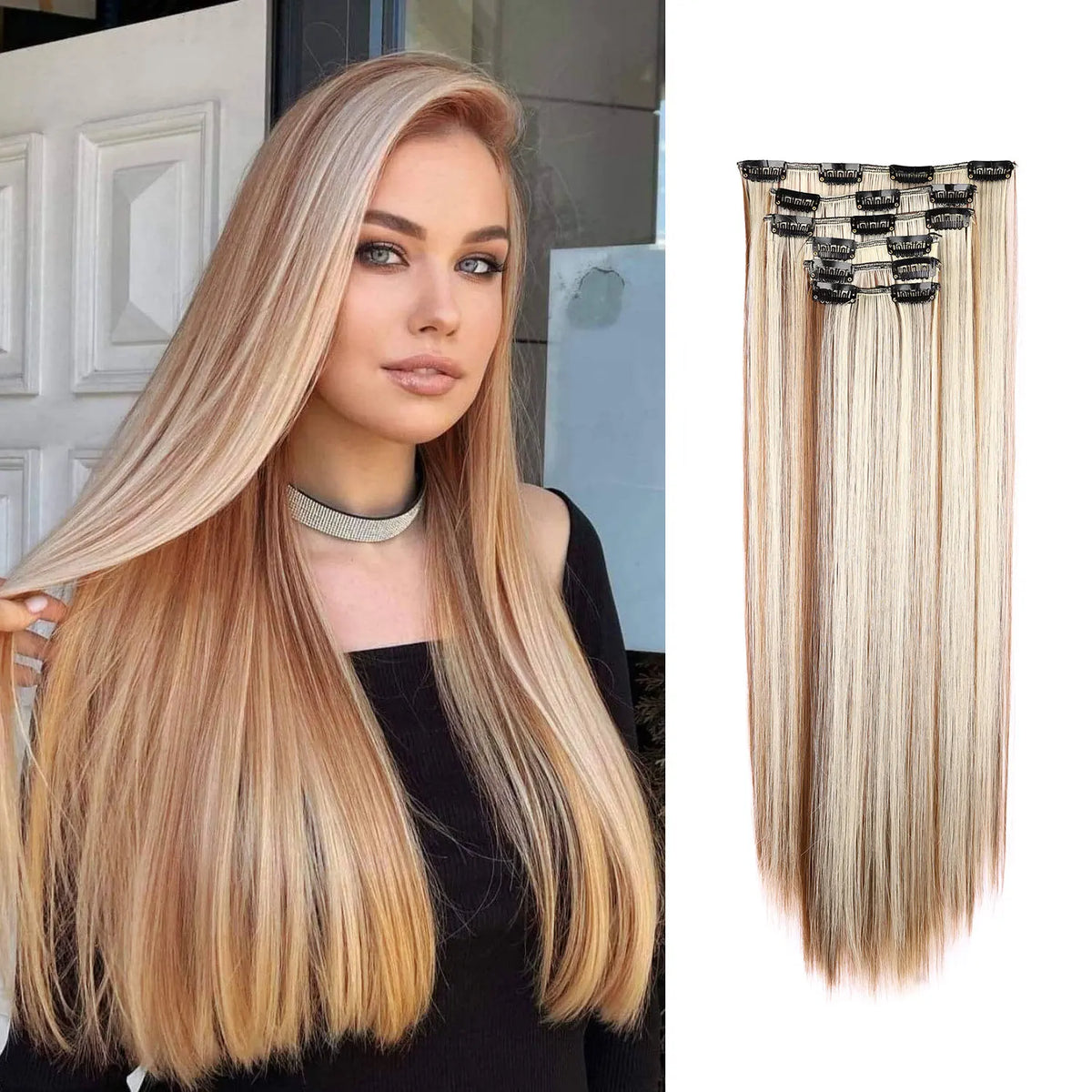 Une femme modélise de longues extensions de cheveux blonds lisses avec des mèches à clip et un clip décoratif.
