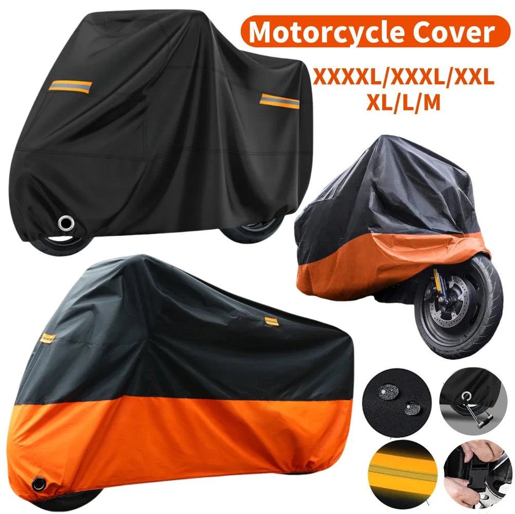 Housse universelle moto noire et orange vue sous différents angles pour protection pluie et soleil