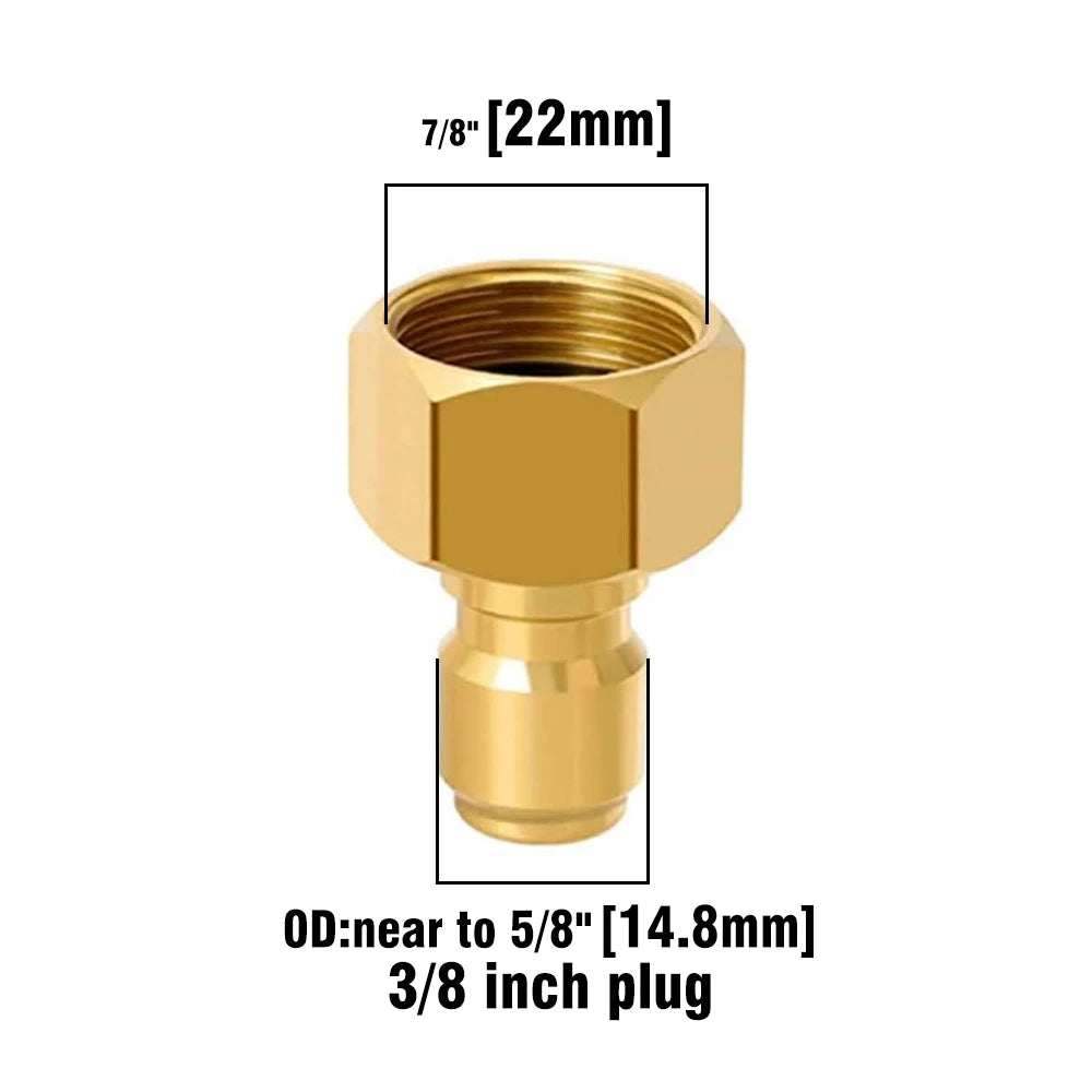 A brass hexagonal plug adapter with a 7/8 inch thread and an OD near to 5/8 inch, used for quick connection.