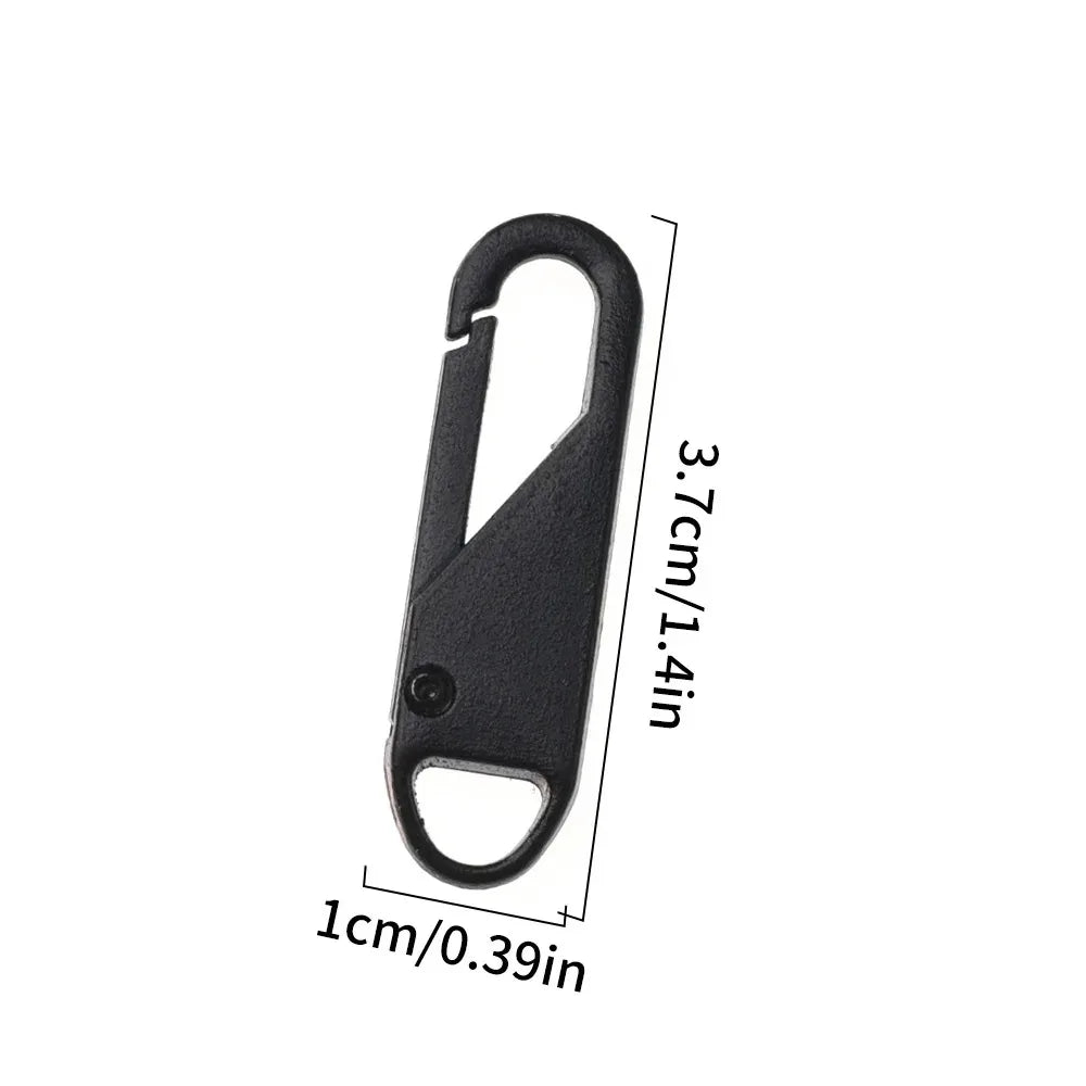 A black universal metal zipper sliders replacement set of eight with dimensions shown.