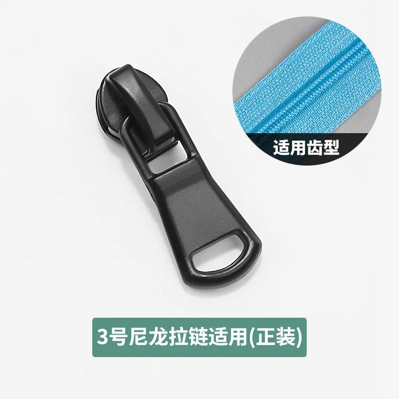 A black zipper slider repair kit with a sliding mechanism and an inset showing the blue teeth of a zipper.