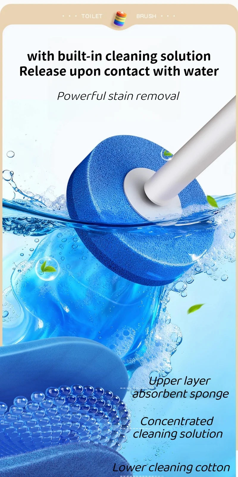 A blue cleaning sponge is shown being used to remove stains from water, with a lower cleaning cotton visible.