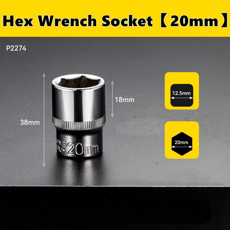 A close-up view of a 20mm hex wrench socket with a 18mm shaft and a 38mm overall length.