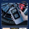 A portable wireless tire inflator device is shown next to various items including a car wheel, motorcycle, and air bed.