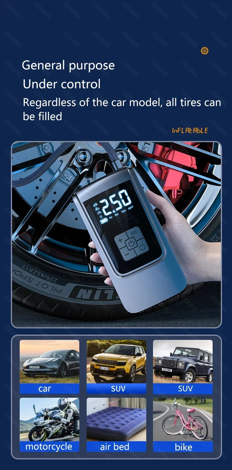 A portable wireless tire inflator device is shown next to various items including a car wheel, motorcycle, and air bed.