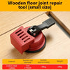 A small red tool with a suction cup is shown repairing a wooden floor joint.