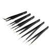 A set of six precision anti-static tweezers with different tips labeled ESD-15 through ESD-10.