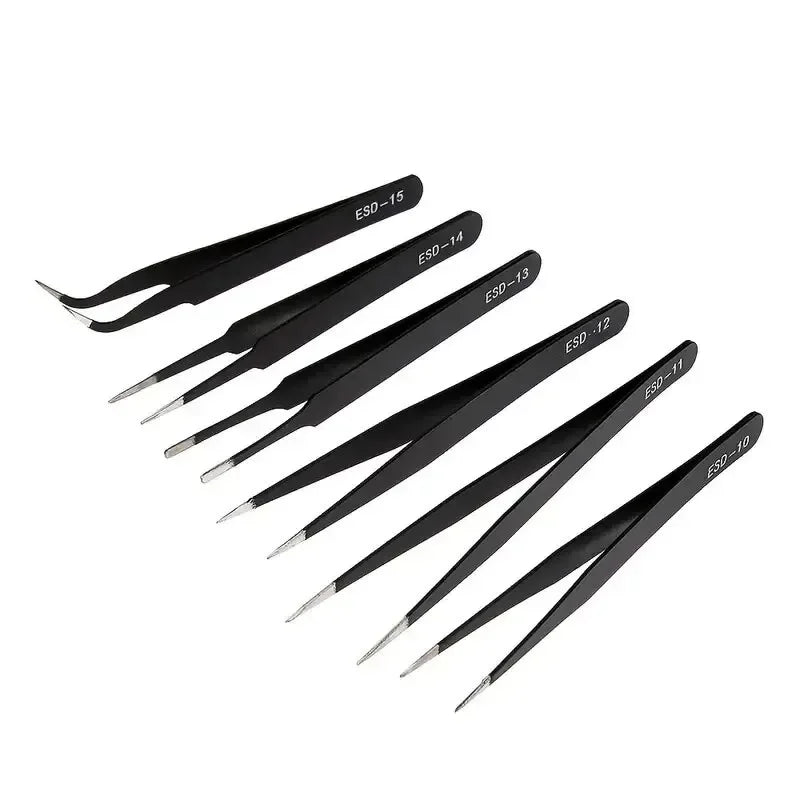 A set of six precision anti-static tweezers with different tips labeled ESD-15 through ESD-10.