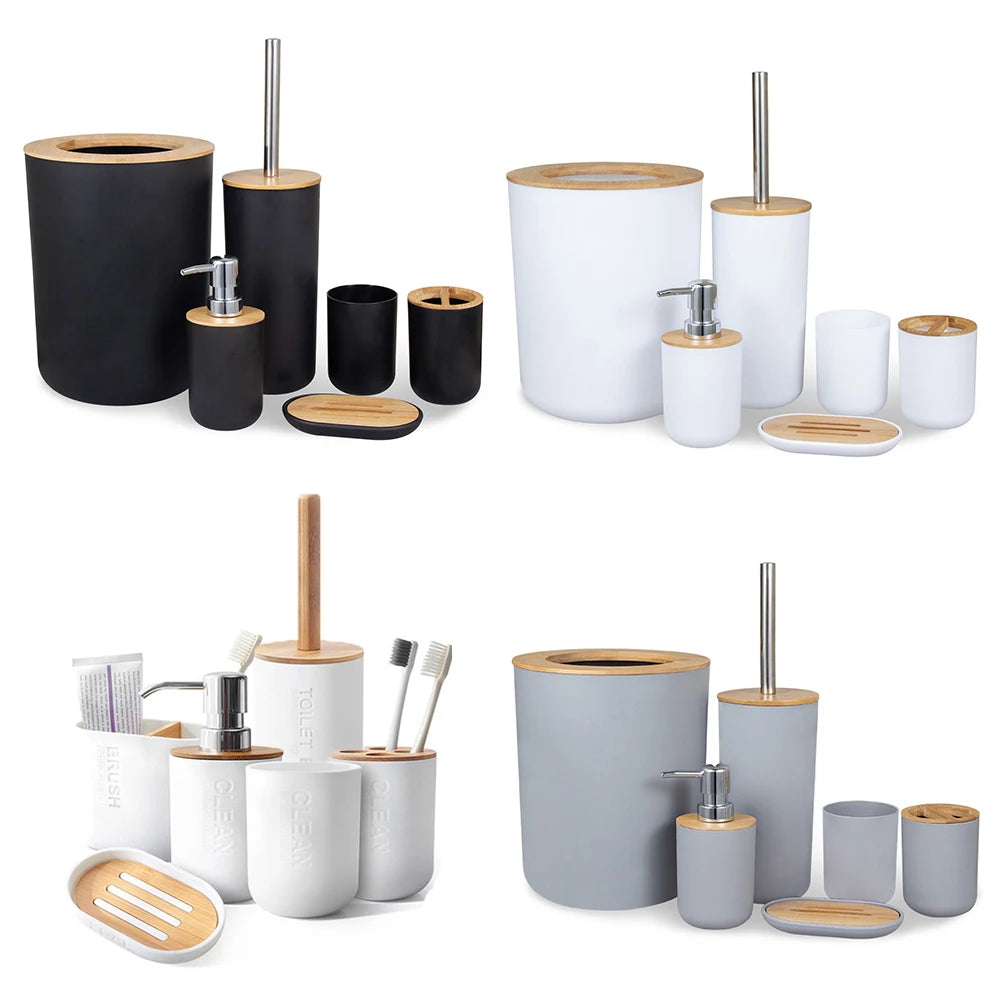 A set of bamboo bathroom organizers and soap dispensers in black, white, and gray.
