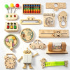 A collection of wooden Montessori busy board parts including puzzles, gears, and manipulative tools for fine motor skill deve