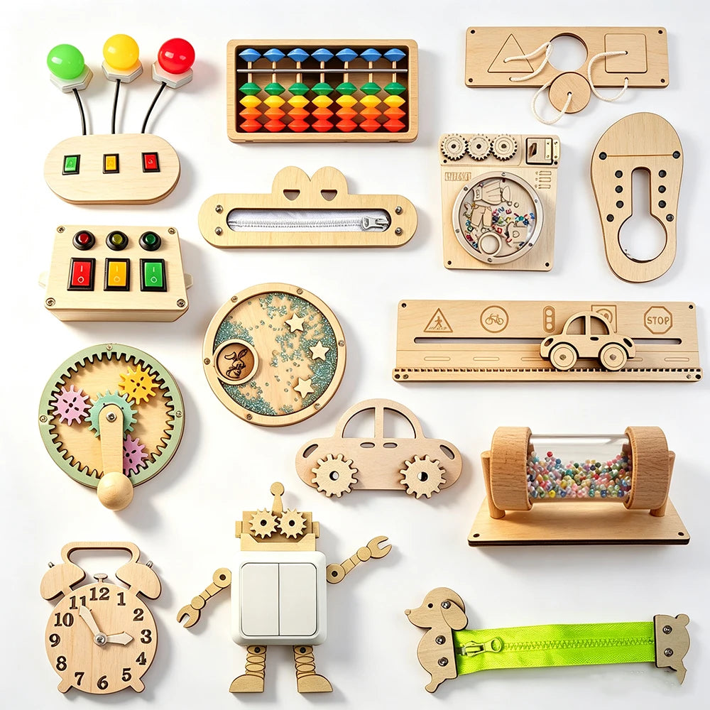 A collection of wooden Montessori busy board parts including puzzles, gears, and manipulative tools for fine motor skill deve