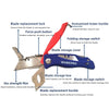A heavy-duty utility knife with a blade replacement lock, force push button, and folding storage switch is shown.