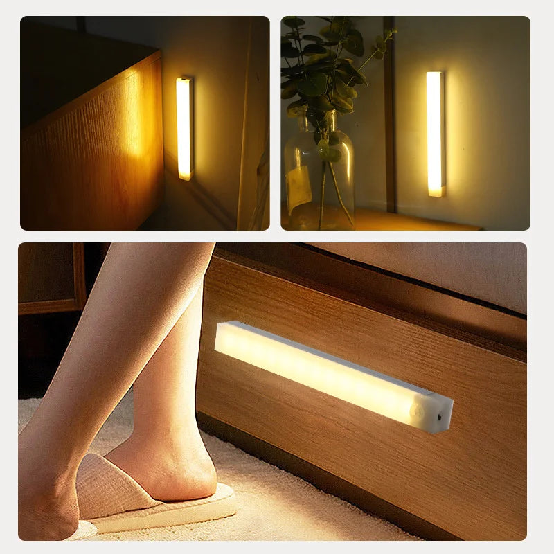 A modern LED bar light is mounted on a wooden wall panel, illuminating the area with warm light.