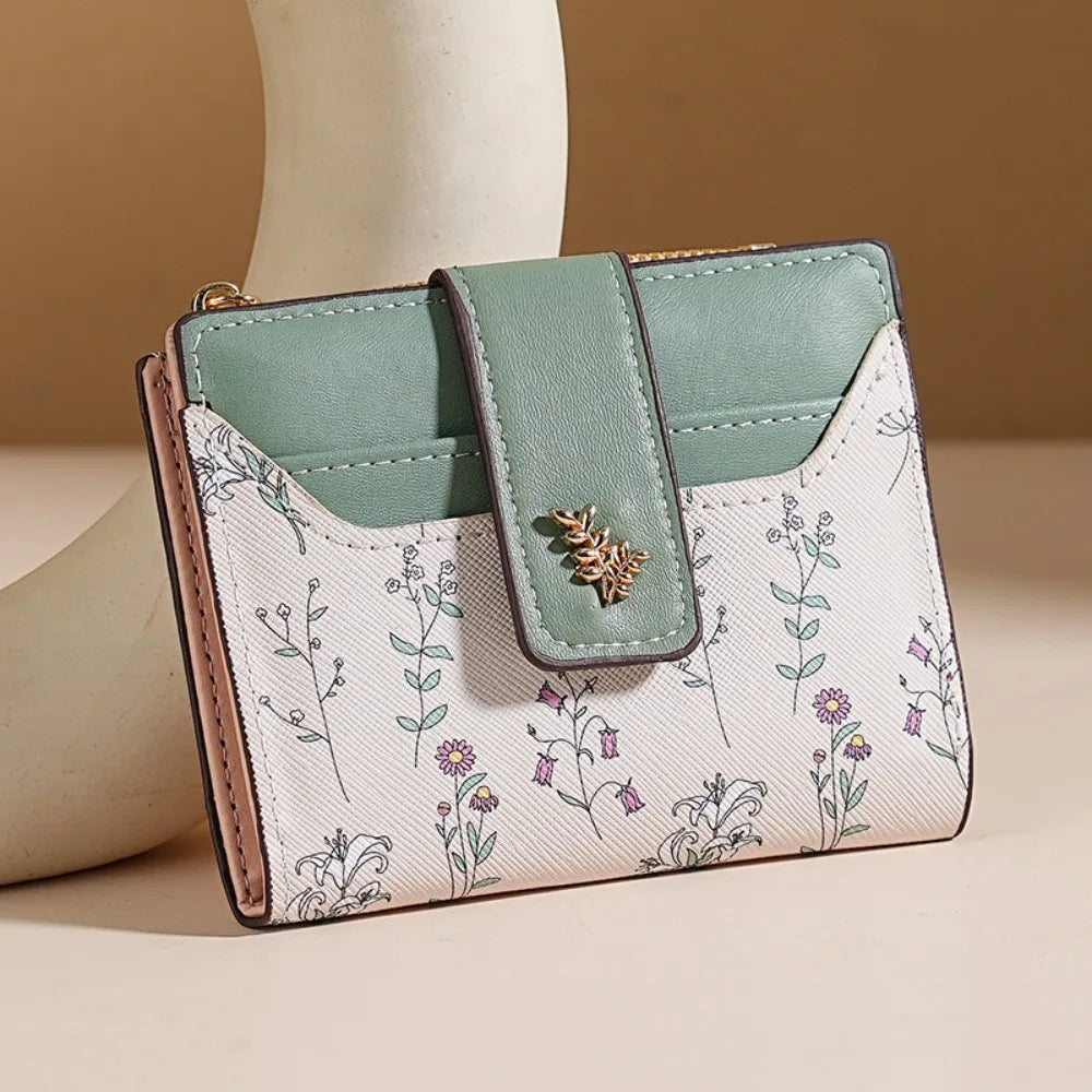 Slim PU Leather Zipper Wallet with Floral Detail