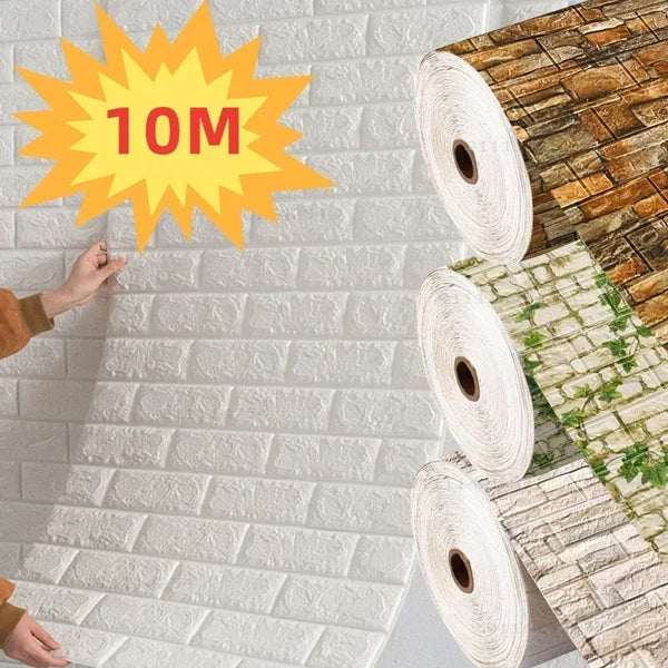 Rolls of 3D foam brick wall decals are displayed against a white textured wall.