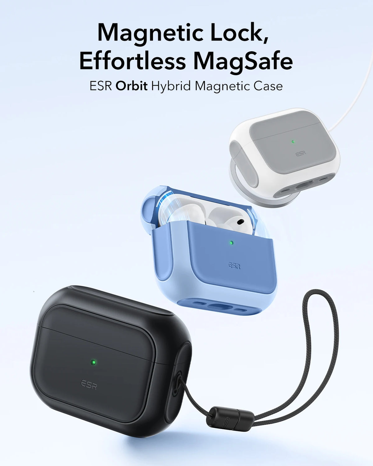 A light blue magnetic case for AirPods Pro with a black charging cable and a separate white magnetic component.