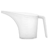 A white plastic measuring cup with volume markings and a long spout.