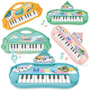A collection of colorful electronic piano toys for kids, including yellow, green, pink, and blue models.