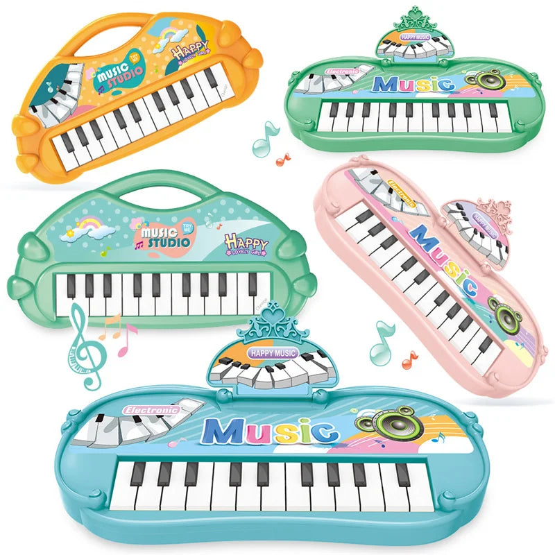 A collection of colorful electronic piano toys for kids, including yellow, green, pink, and blue models.