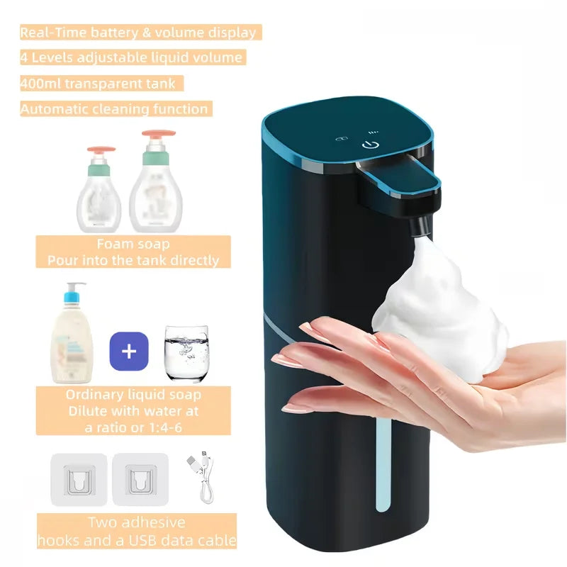 A dark teal automatic soap dispenser with a transparent tank, showing various liquid soaps and cleaning features.
