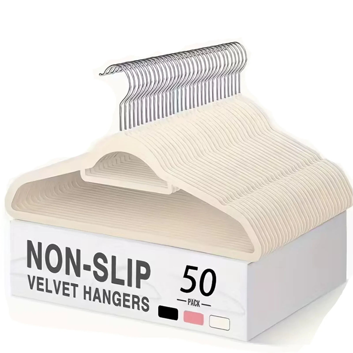 A box of non-slip velvet hangers with a swivel hook shown on a white background.