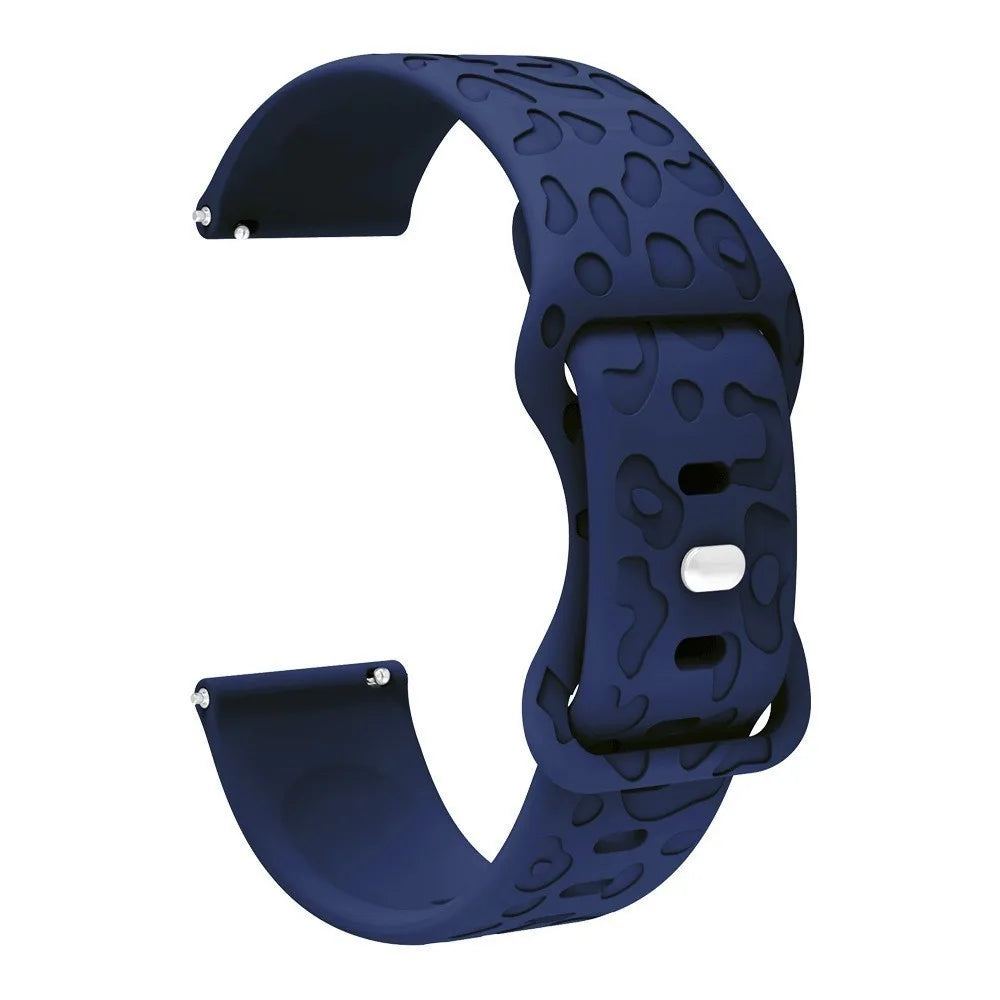 A dark blue silicone watch band with an engraved pattern for a Redmi Watch 5.
