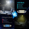 Comparison of LED bulb features versus halogen bulb performance in a car interior