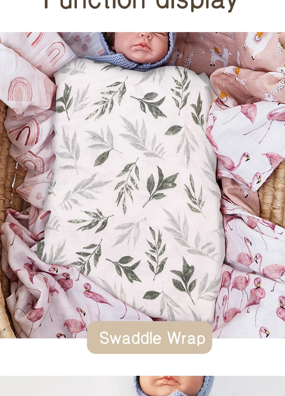 A soft, light pink and green patterned muslin baby swaddle wrap is shown wrapped around a baby's face.