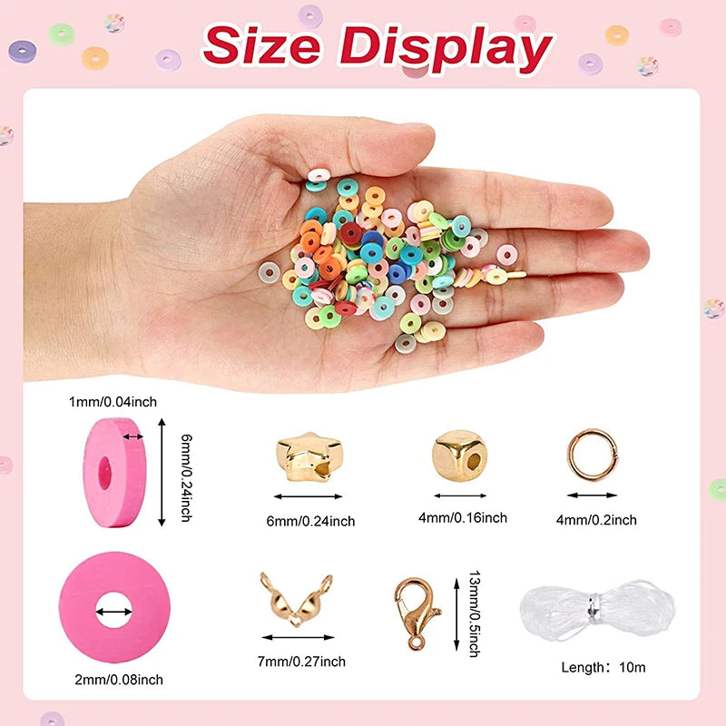 Hand displaying a collection of colorful polymer clay beads and letter components for DIY jewelry making