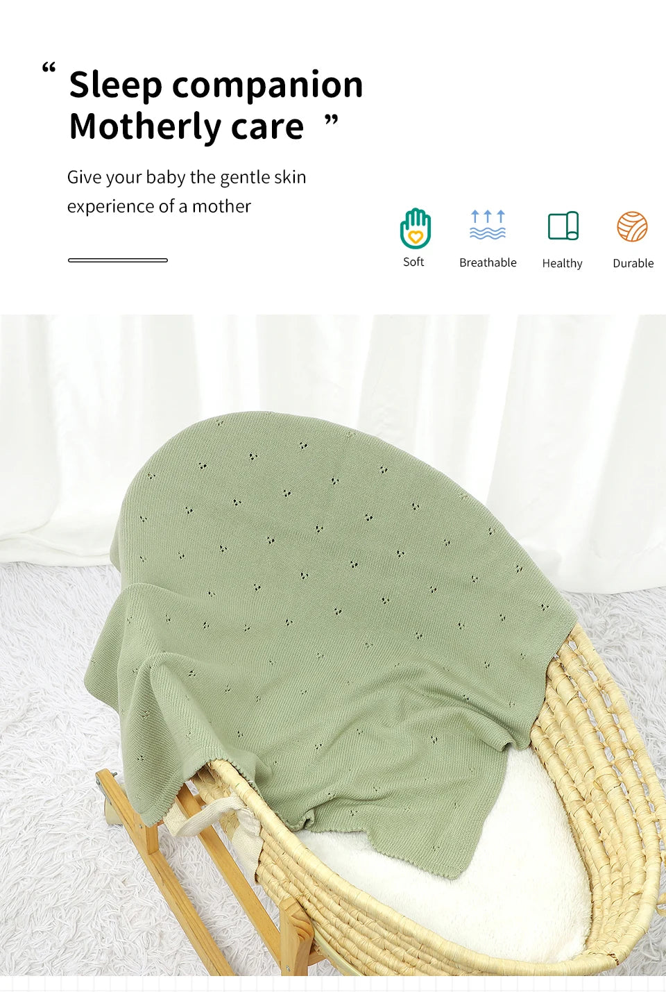 A light green knit swaddle blanket is draped over a woven basket, suggesting a gentle sleep companion for a baby.