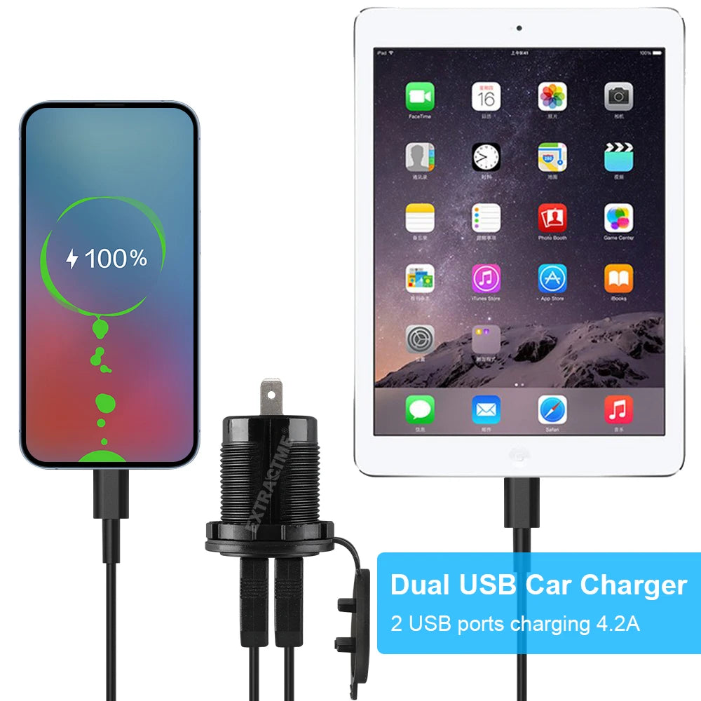 Dual USB Car Charger with LED Voltmeter – Fast Charging 12V/24V