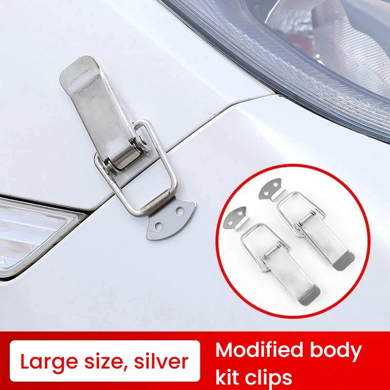 Silver modified body kit clips for car hood and other applications