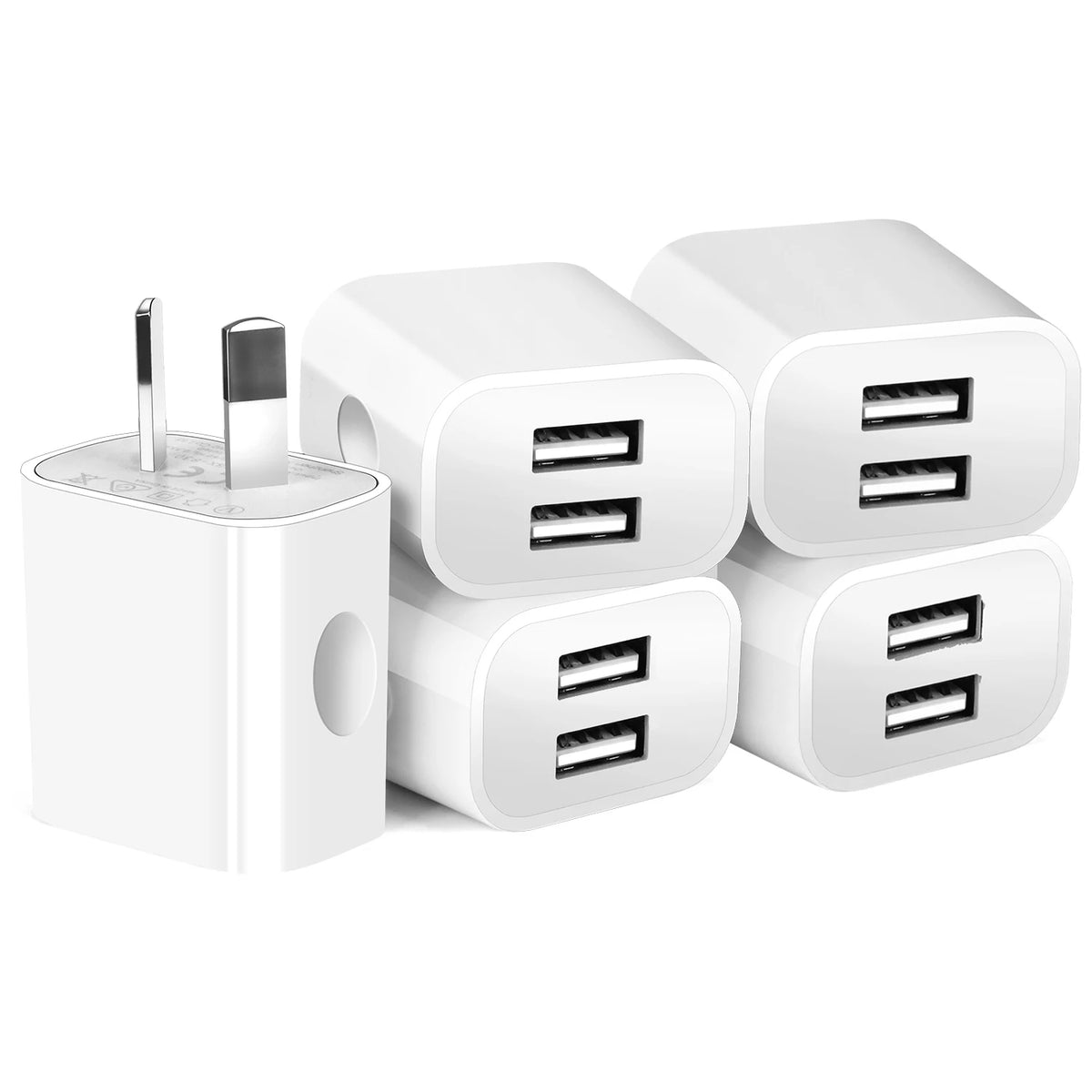 White compact dual-port USB wall charger with two separate output modules