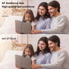 A family is using a 4K auto-focus webcam with a built-in microphone, demonstrating in-focus and out-of-focus shots.