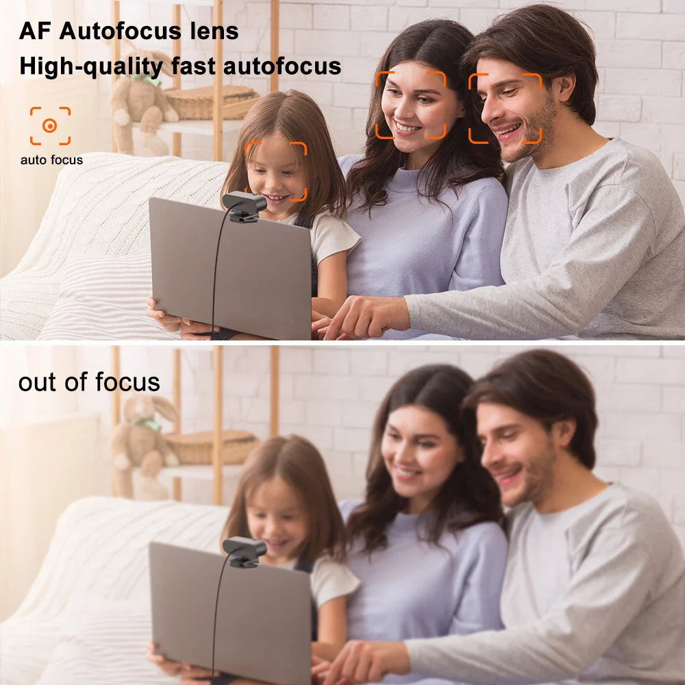 A family is using a 4K auto-focus webcam with a built-in microphone, demonstrating in-focus and out-of-focus shots.