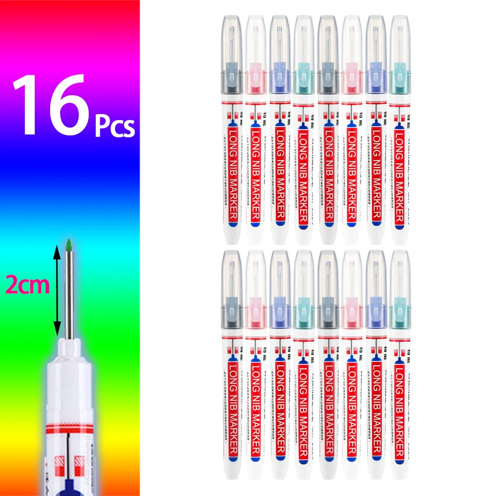 Ein Set von 16 langen Nadel-Marker-Stiften in verschiedenen Farben und Designs, vertikal präsentiert.