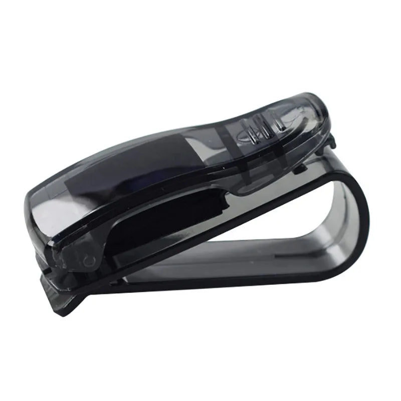 Clear plastic clip for securing sunglasses onto a car sun visor