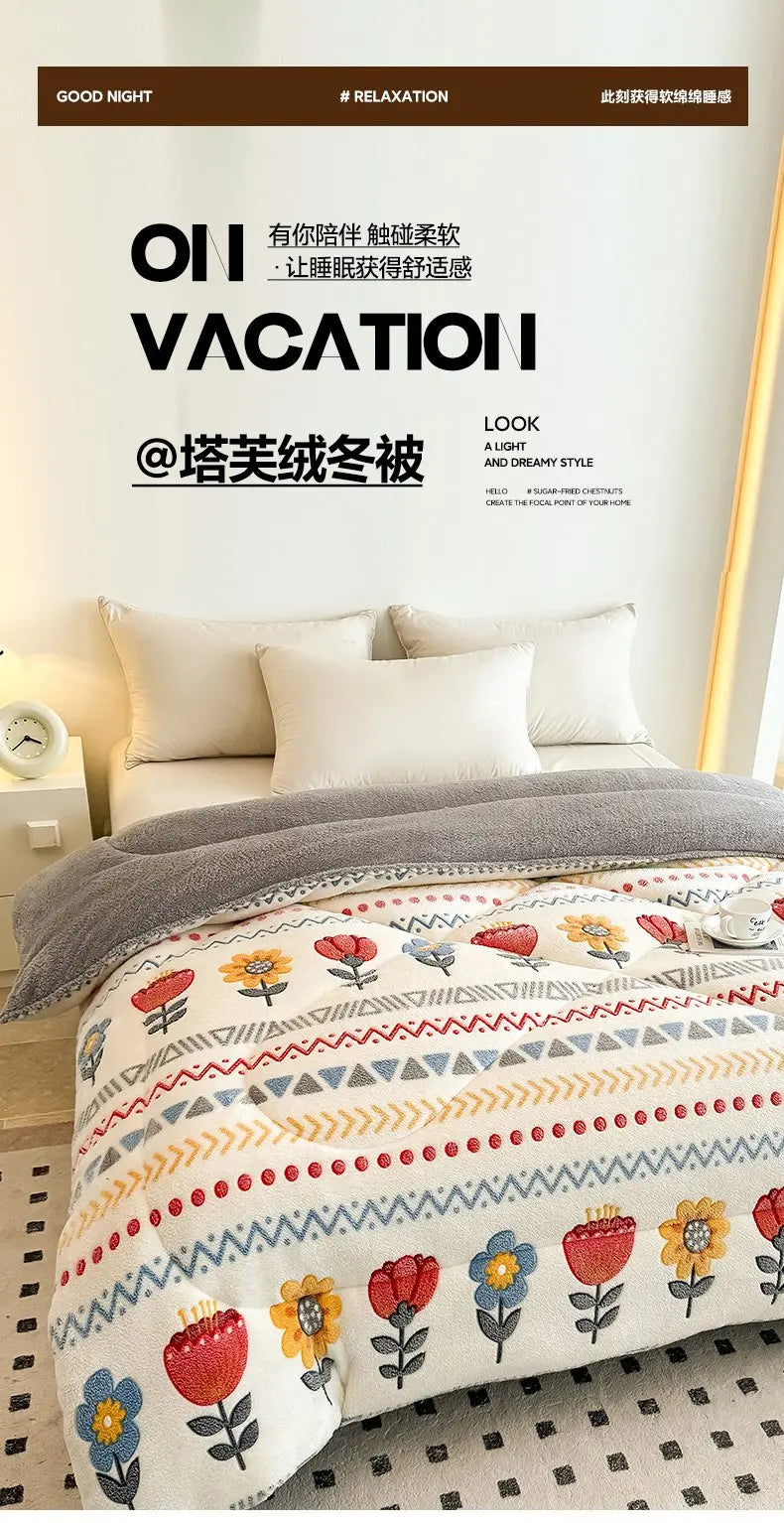 A cozy bed with a white blanket and pillows, featuring a patterned throw blanket on the bed.