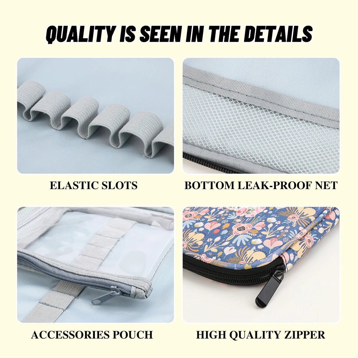 Close-up details of a light green crochet hook organizer bag showing elastic slots, bottom leak-proof net, accessories pouch,