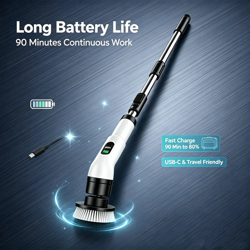 A white cordless electric spin scrubber with a detachable brush head is shown against a dark blue background.