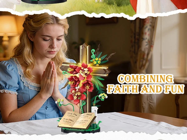 A woman prays with her hands folded in front of a floral cross and an open book on a table.